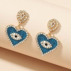 Blue and Gold Eye Heart Earrings with rhinestone details. Fabulous‎ !!!!!